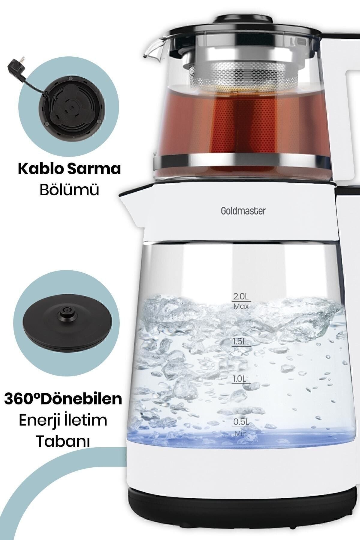 GoldMaster cinar White Large Capacity German Schott Glass Tea Maker with Teapot and LED Light Water Kettle - MALLTURK