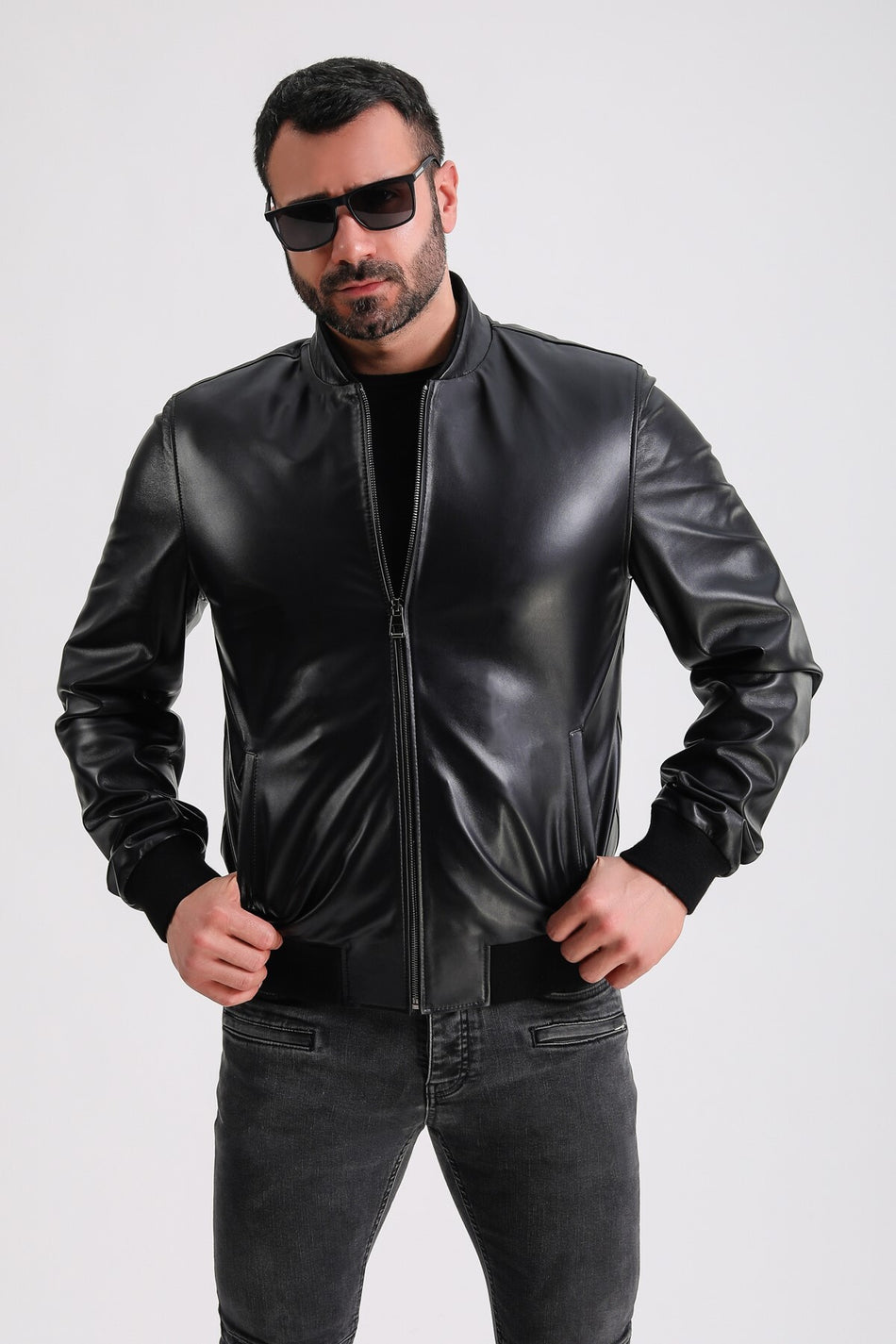 Veste universitaire en cuir végétal noir Leather Club