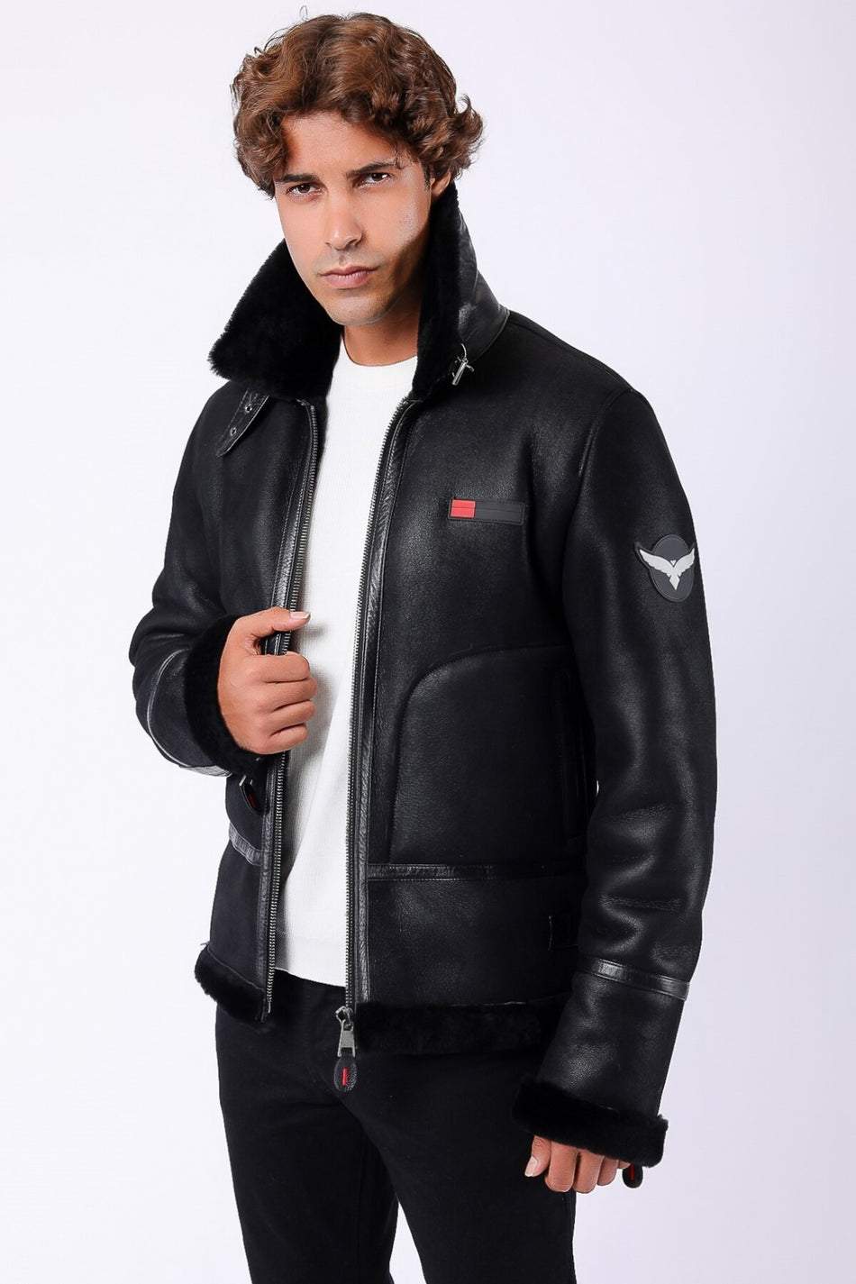 Leather Club zwarte pilotenjas van echt leer met bontvoering