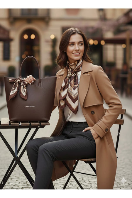 Just Polo Women's Handbag and Clutch Set - Stylish Everyday Bag with Shawl Detail Brown Large Size - MALLTURK