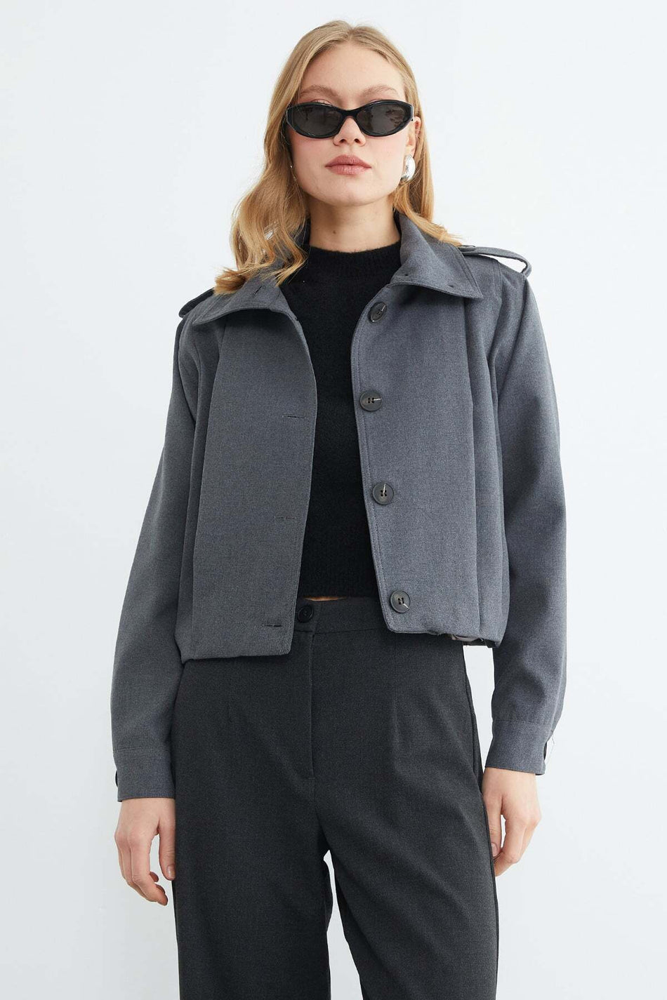 Buttoned Shirt Collar Pleated Trench Coat