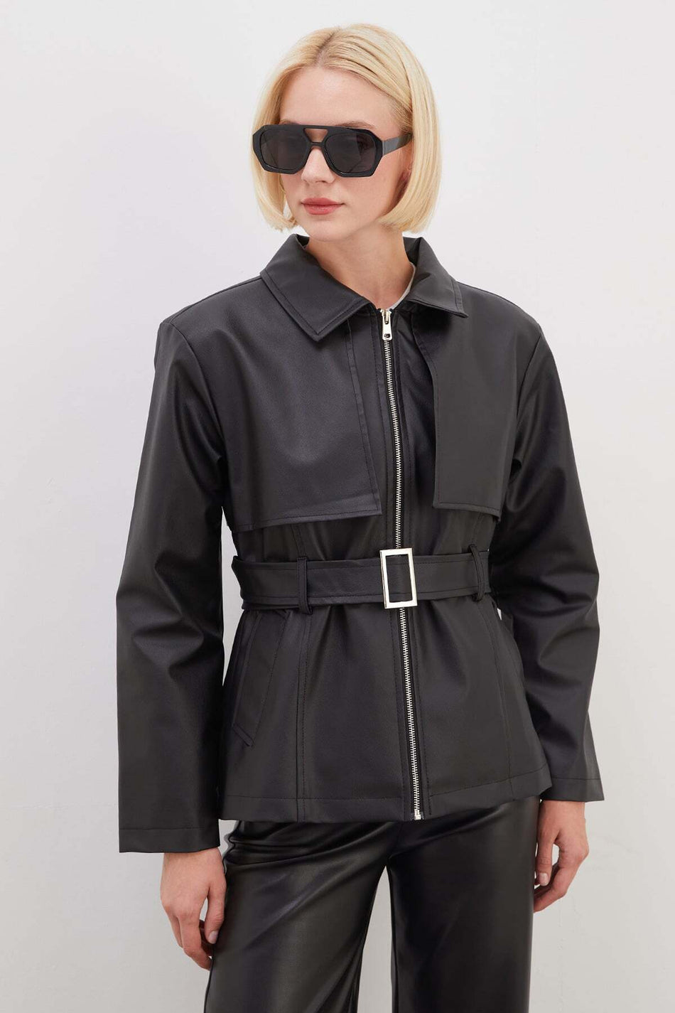 Cape Detailed Belted Faux Leather Coat