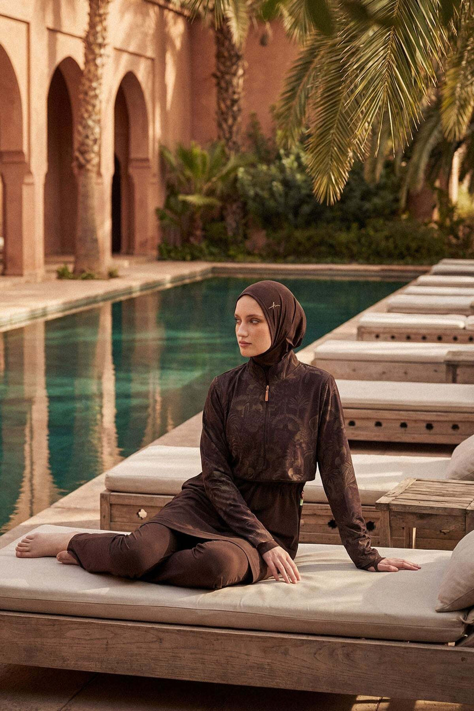 Hasema Vaha Collection Patterned Brown 5-Piece Full Coverage Swimsuit Set 6024 - MALLTURK