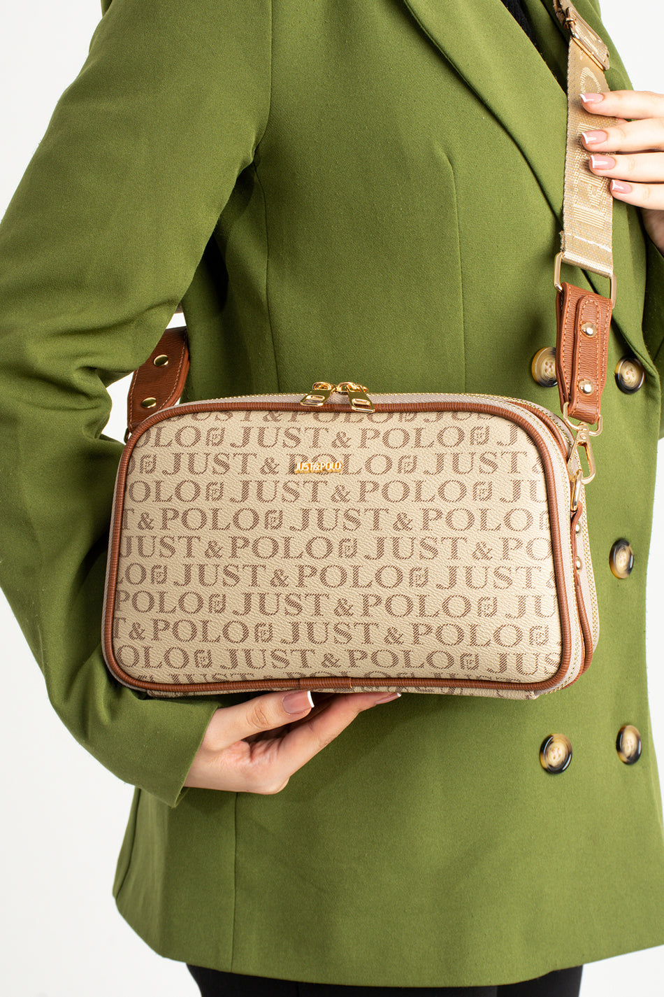 Just Polo Original Women's New Season 5-Compartment Luxury Soft Leather Adjustable Crossbody Shoulder Bag Sand Tan