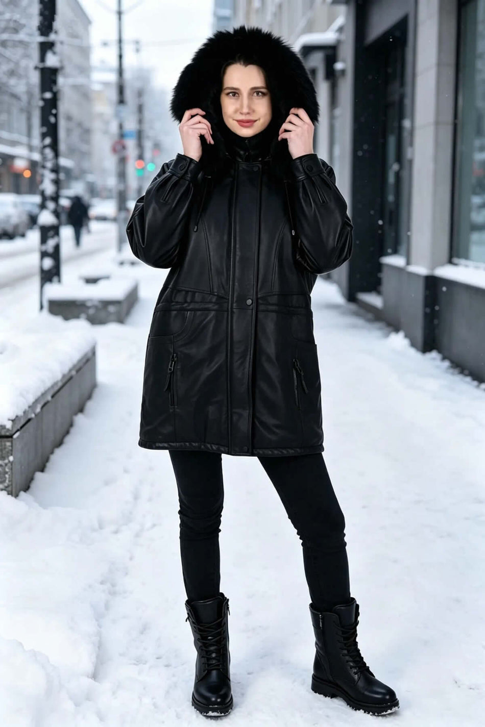 ALIN Bridget Women's Genuine Leather Hooded Fur-Lined Leather Coat Black