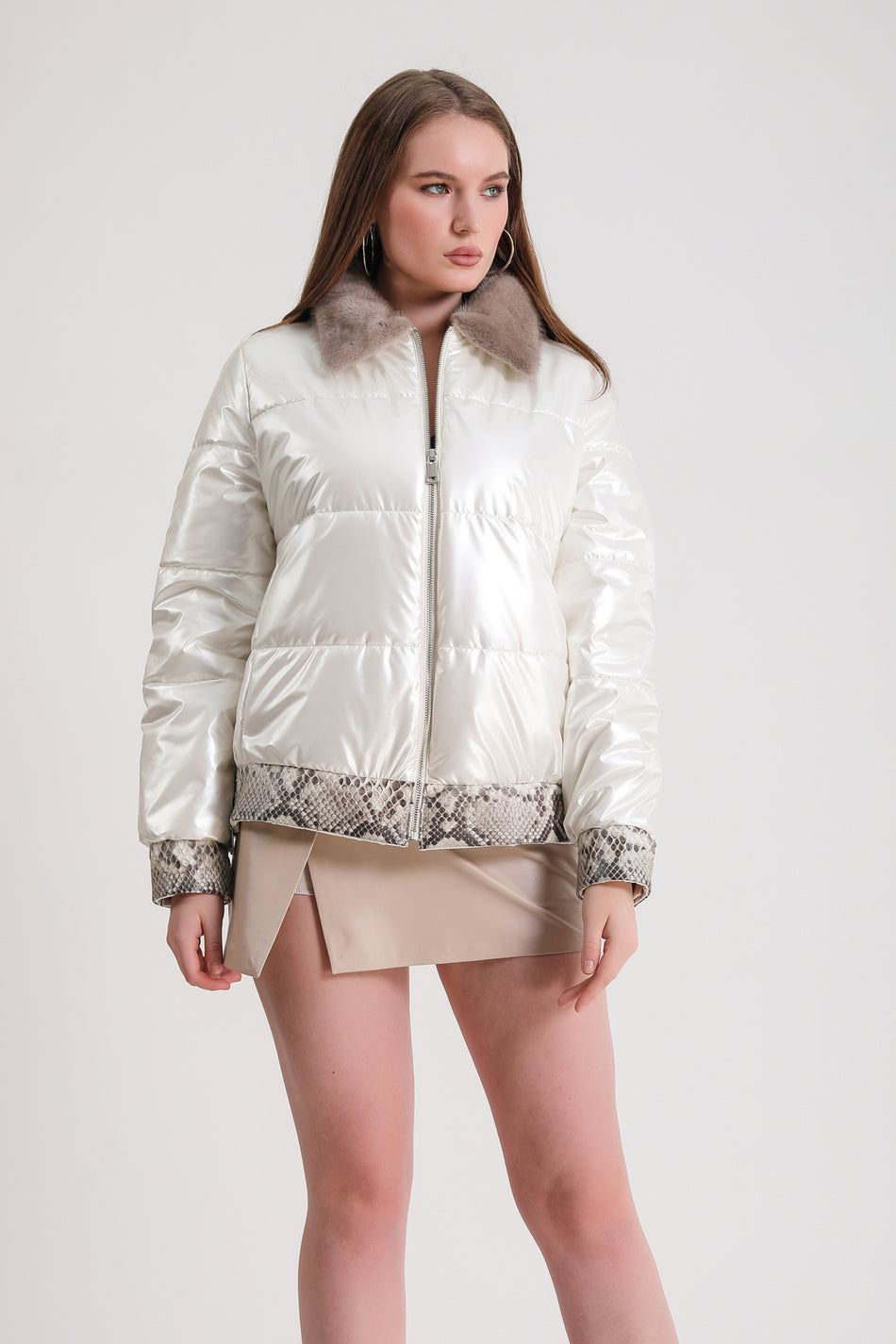 Leather Club Pearl White Puffer Coat with Mink Fur Accessories and Python Trim