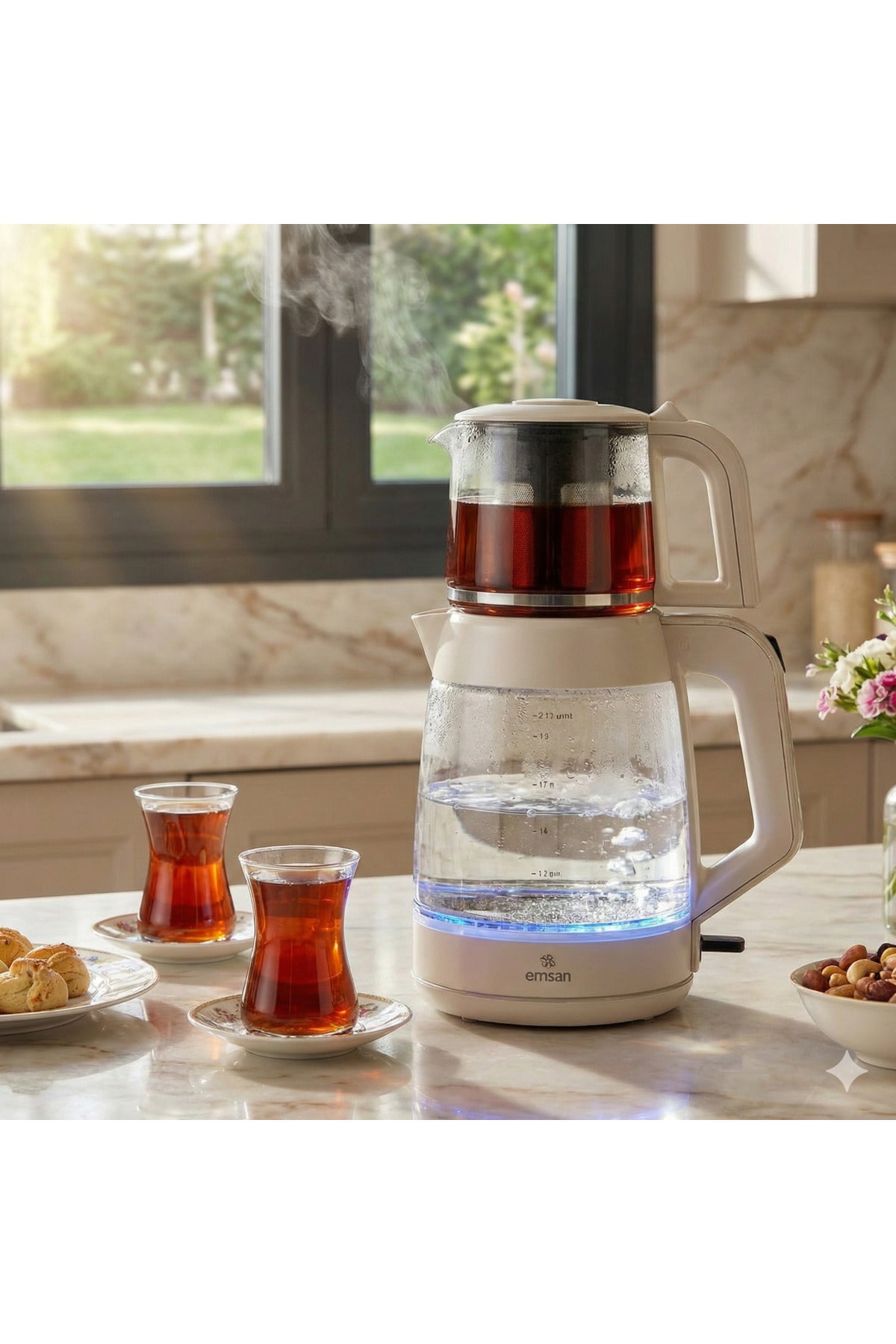 Karaca EMSAN 1900 Watt 3.1 Liter Large Capacity 2-in-1 Glass Tea Maker and Kettle with Keep Warm Function - MALLTURK