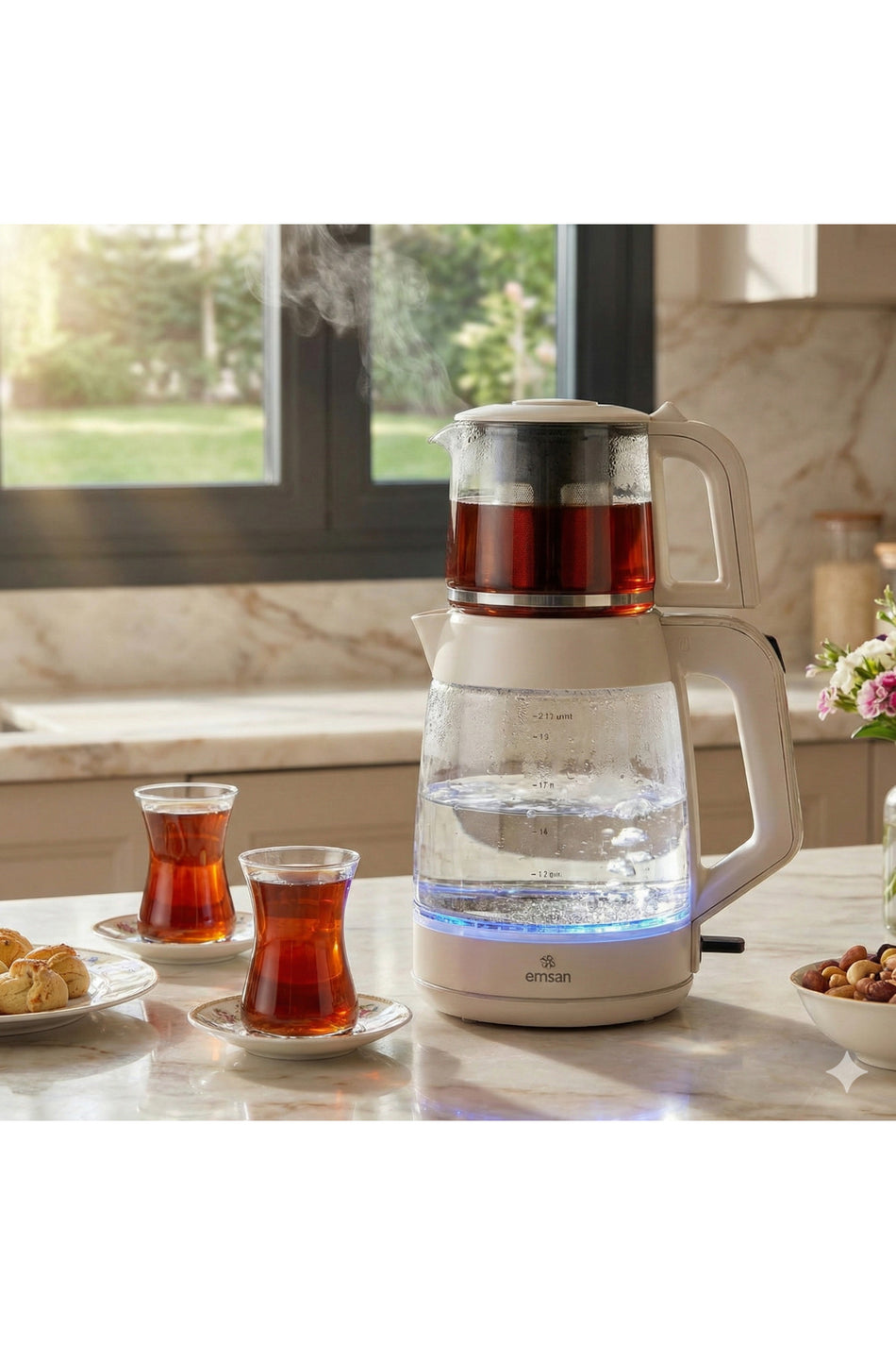 Karaca EMSAN 1900 Watt 3.1 Liter Large Capacity 2-in-1 Glass Tea Maker and Kettle with Keep Warm Function - MALLTURK