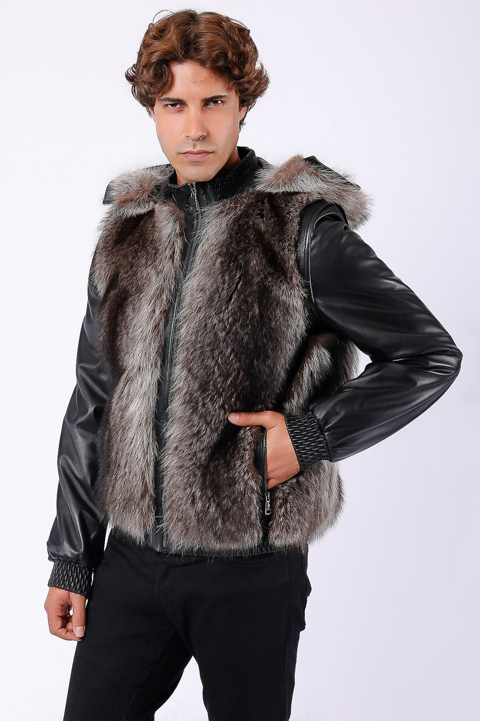 Abrigo de cuero negro genuino con ribete de piel natural Leather Club
