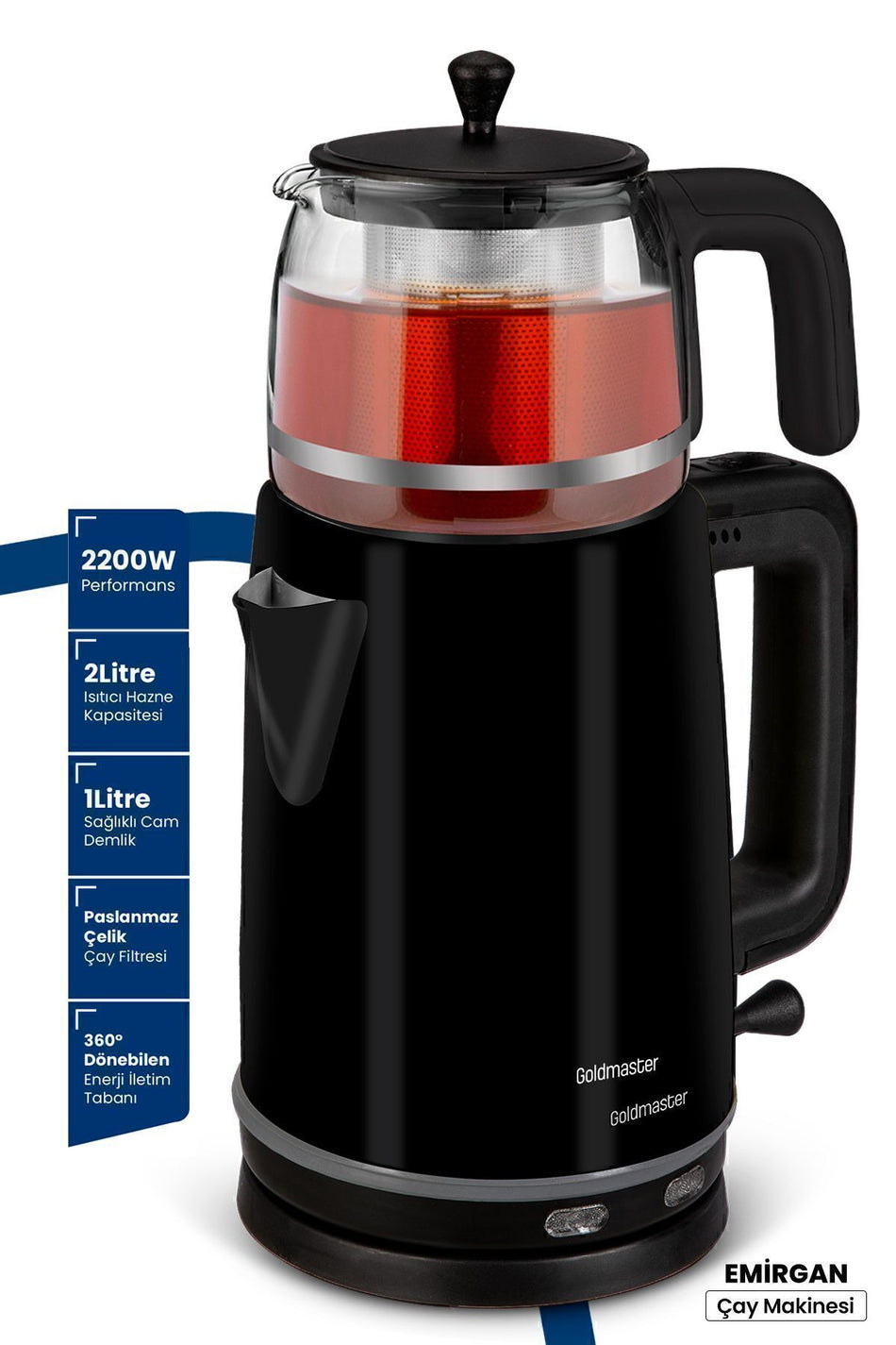 GoldMaster Emirgan Black 2200 Watt Large Capacity Stainless Steel Tea Maker and Water Kettle - MALLTURK