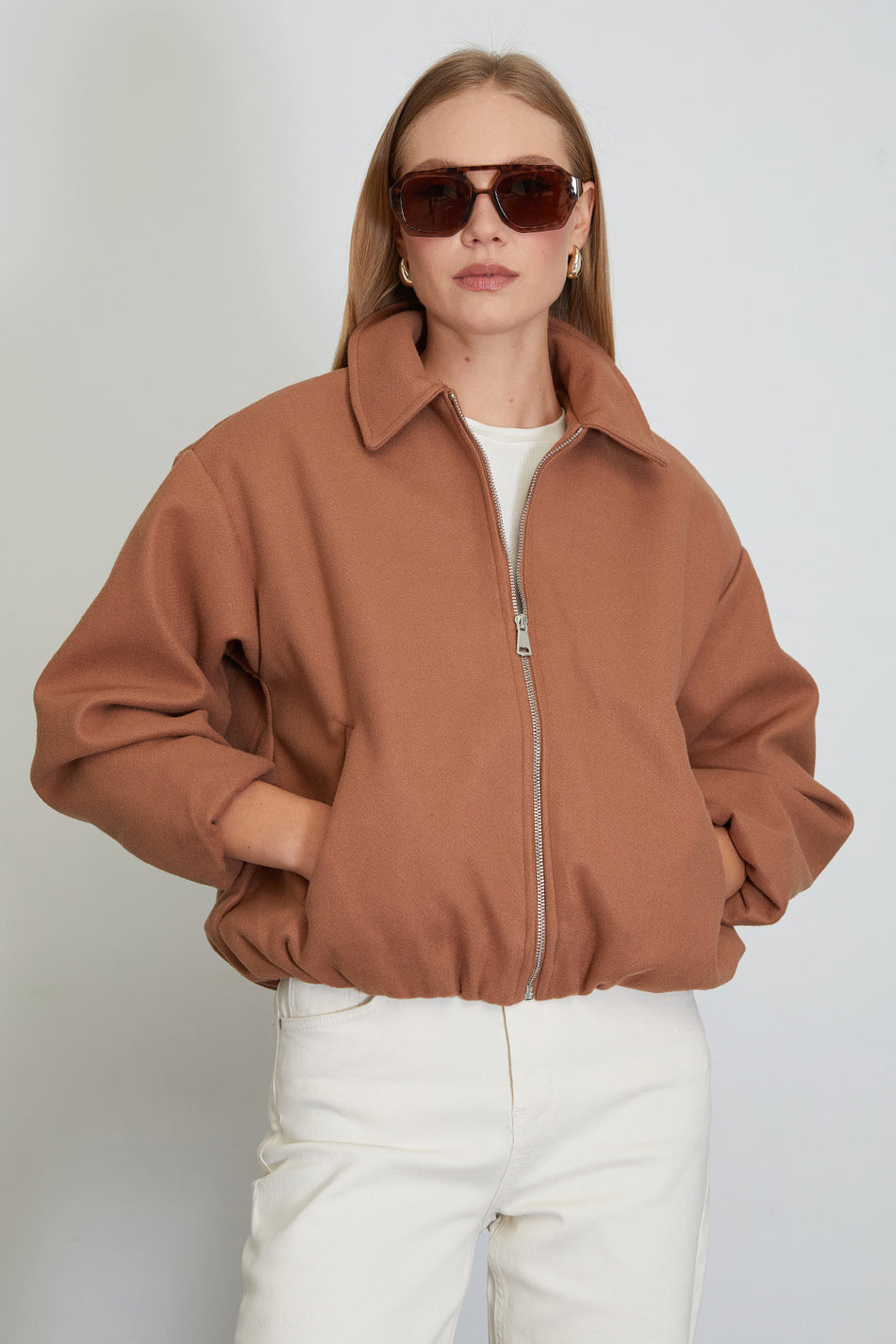 Polo Neck Cashmere Bomber Jacket with Zipper Pockets