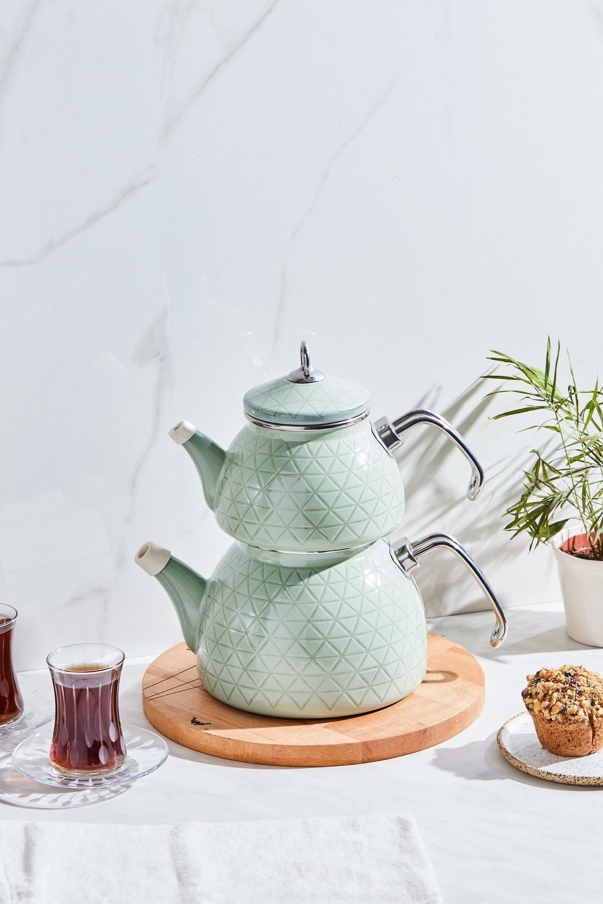 Karaca Crystal Green Enamel Midi Teapot Set - MALLTURK