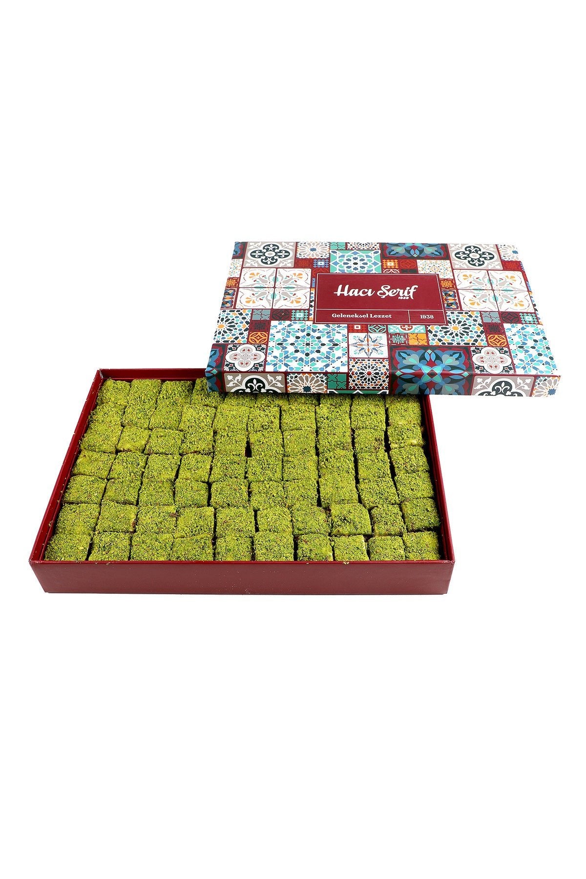 Haci serif ici disi Pistachio Chocolate bohca Turkish Delight motif desenli kutu - MALLTURK