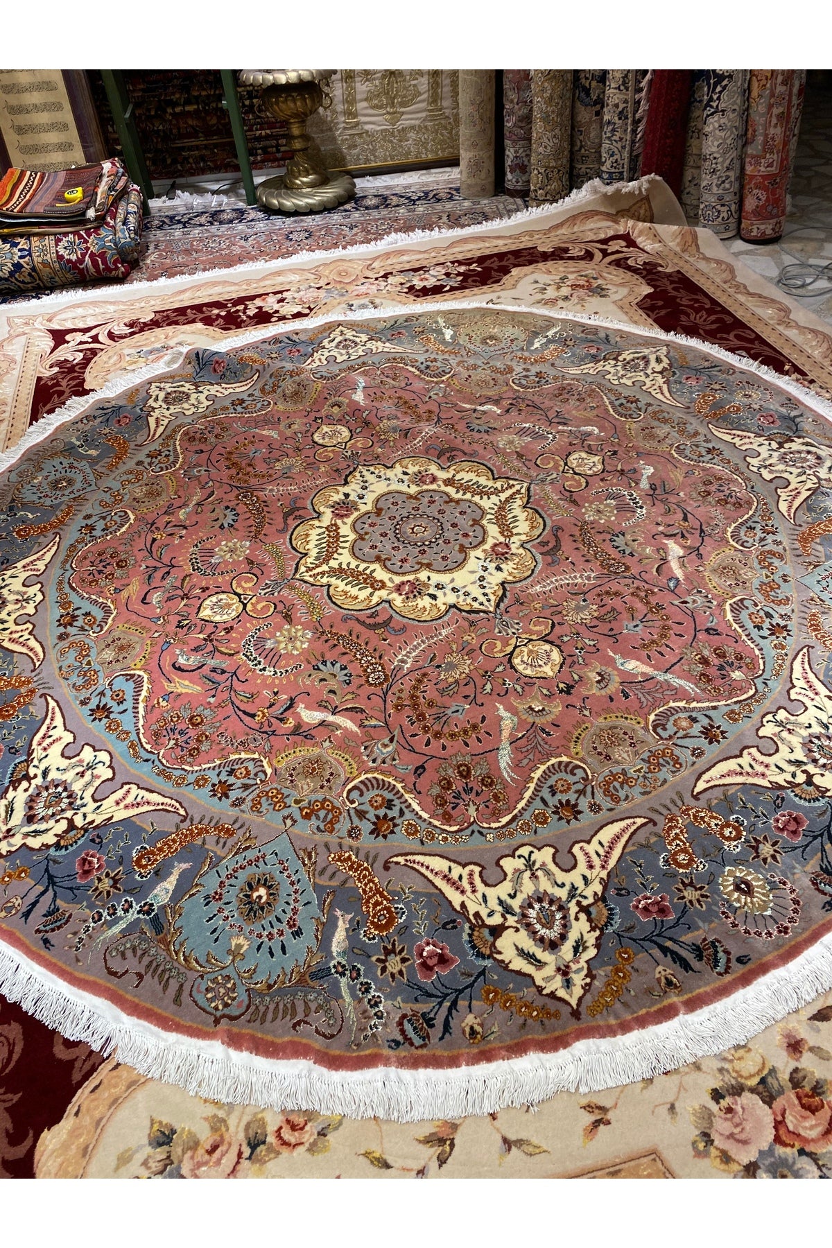 RD RAMAZAN DAG Hand Rug Art Hand-Woven Iranian Isfahan Yuvarlak Rug Wool Blend Size 245x245 - MALLTURK