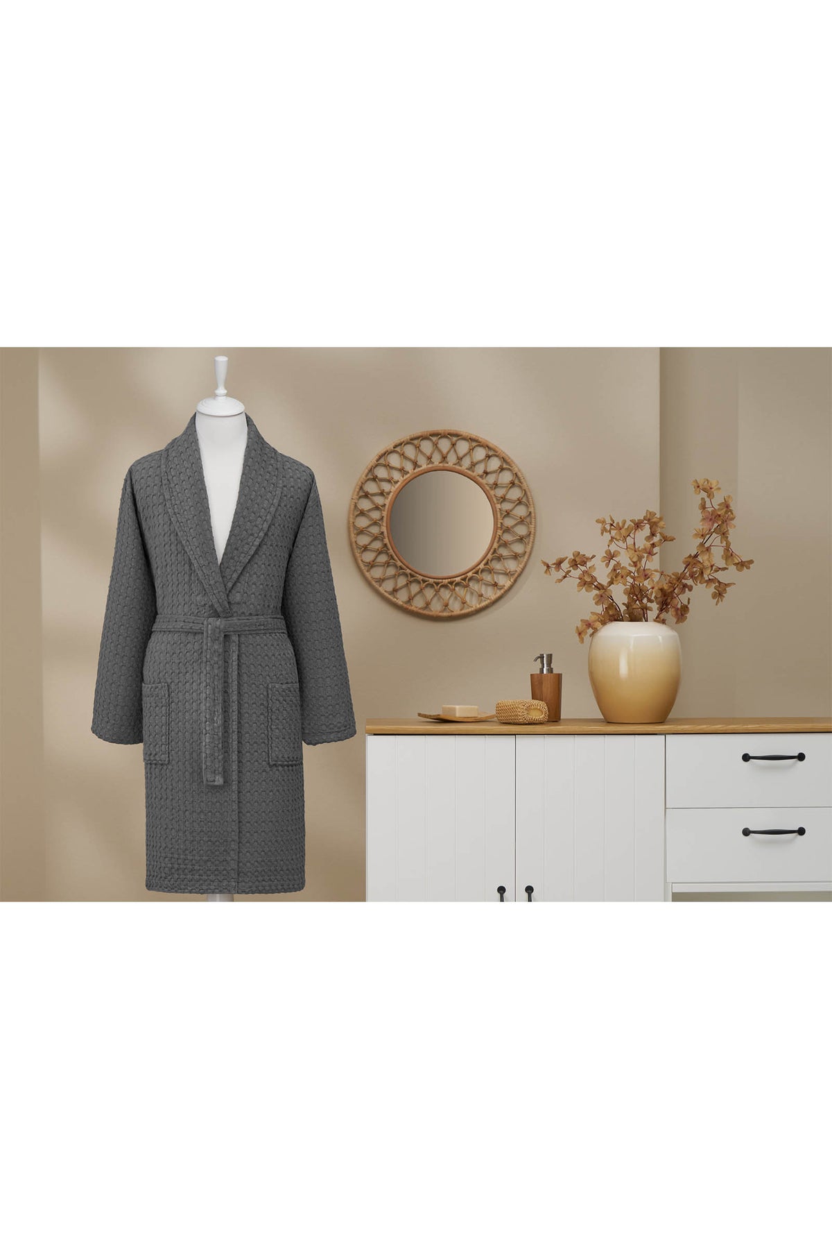 Ozdilek Textured Waffle Shawl Collar Bathrobe - MALLTURK