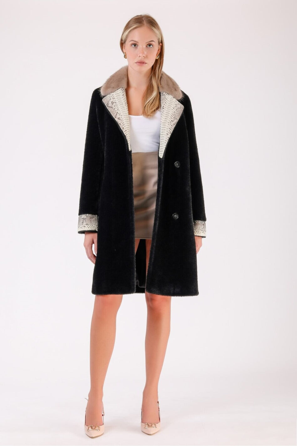 Leather Club Black Wool Coat with Fur Accessories and Leather Trim