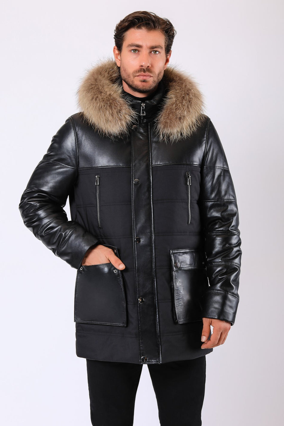 Leather Club jas van echt leer met zwarte bontrand