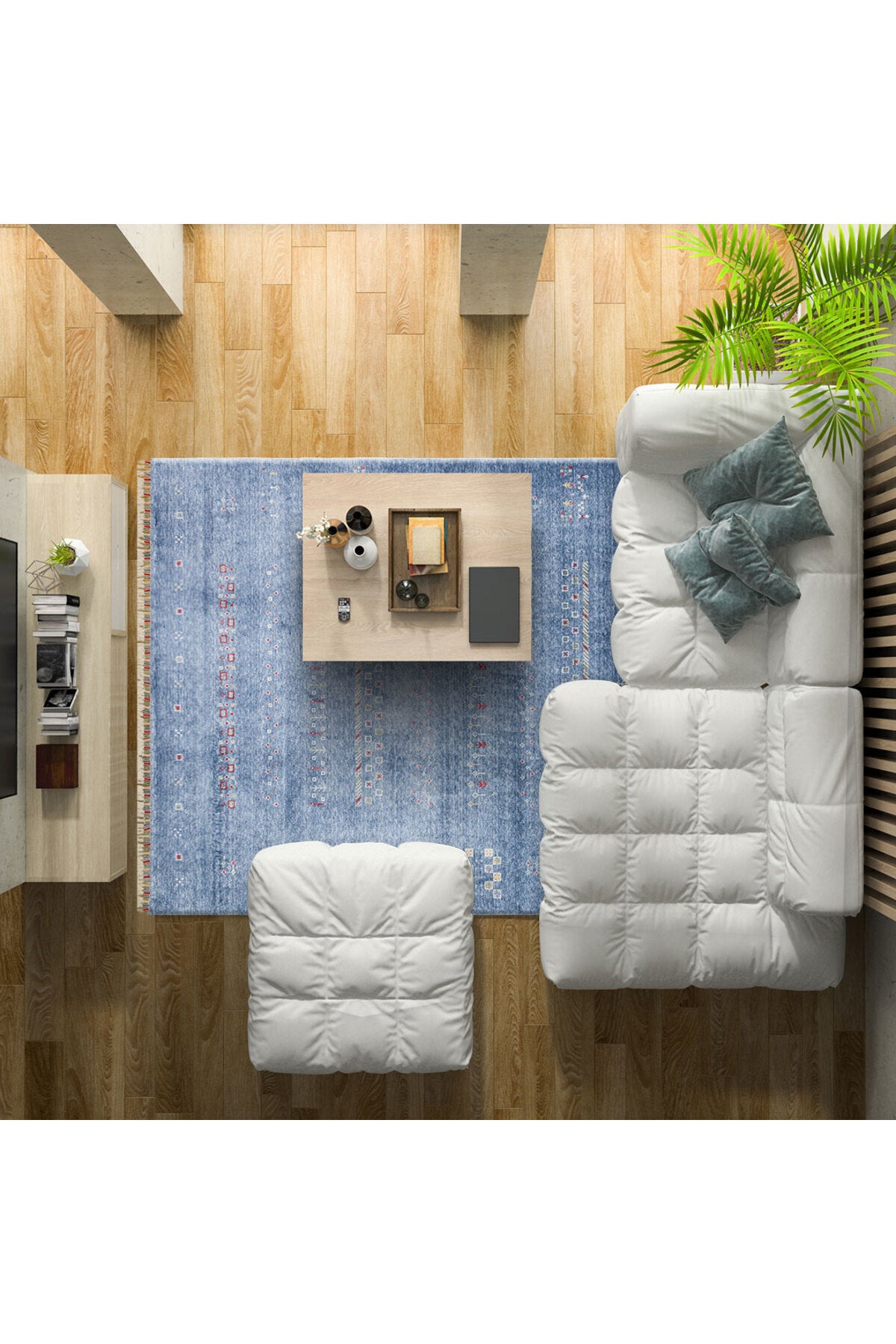 Vog Hali Efsun Handmade Blue Lyocell Special Loom Modern Usak Patterned Fringed Living Room Carpet - MALLTURK