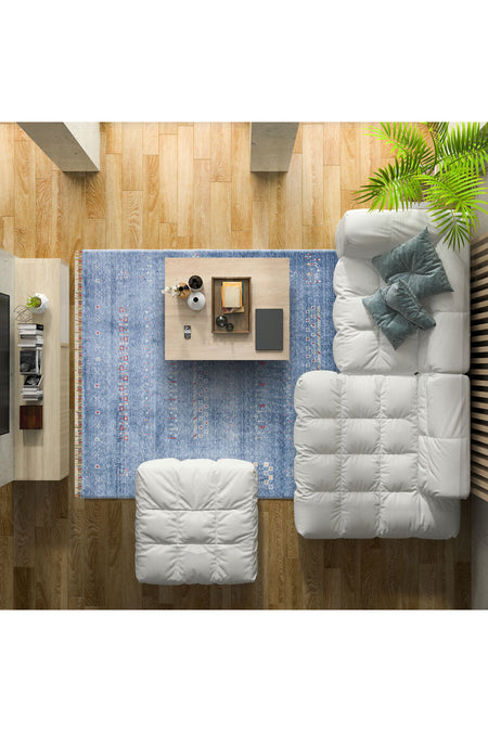 Vog Hali Efsun Handmade Blue Lyocell Special Loom Modern Usak Patterned Fringed Living Room Carpet - MALLTURK