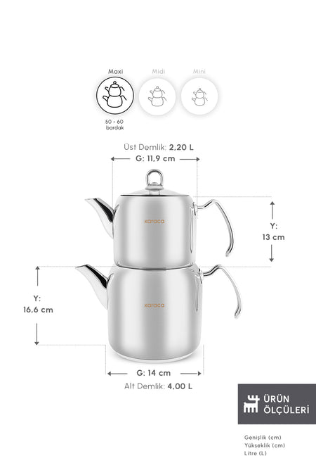 Karaca Hane Maxi Size Stainless Steel induction Compatible Teapot Set XXL - MALLTURK