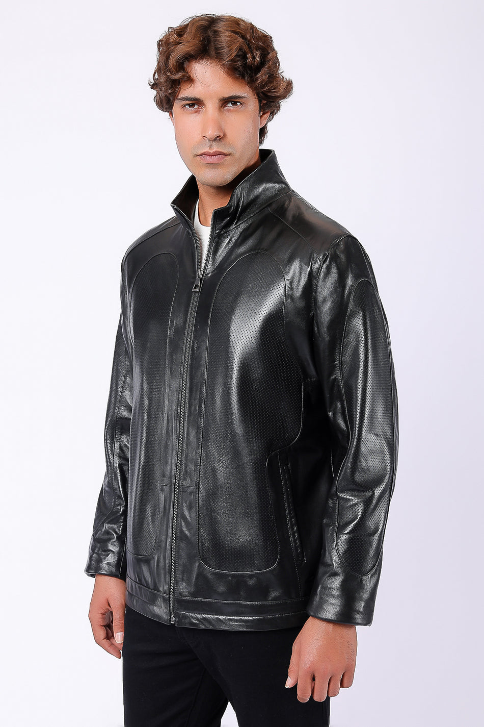 Blusão de pele genuína perfurada preto Leather Club