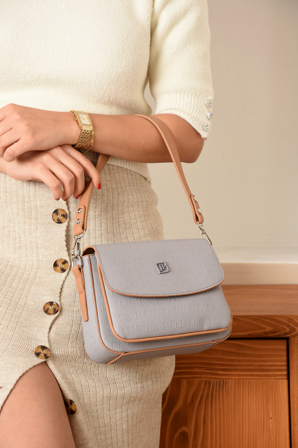 Just Polo Grey Women's Flap Shoulder Bag - MALLTURK