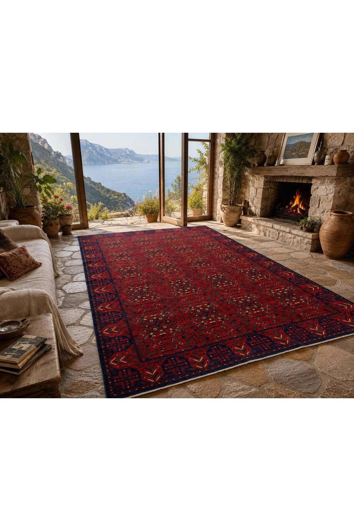 Vog Rug Afghan Pattern Hand-Woven Rug Ethnic Red Burgundy Navy Pattern Traditional Vintage Living Room Rug