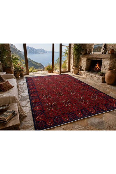 Vog Rug Afghan Pattern Hand-Woven Rug Ethnic Red Burgundy Navy Pattern Traditional Vintage Living Room Rug