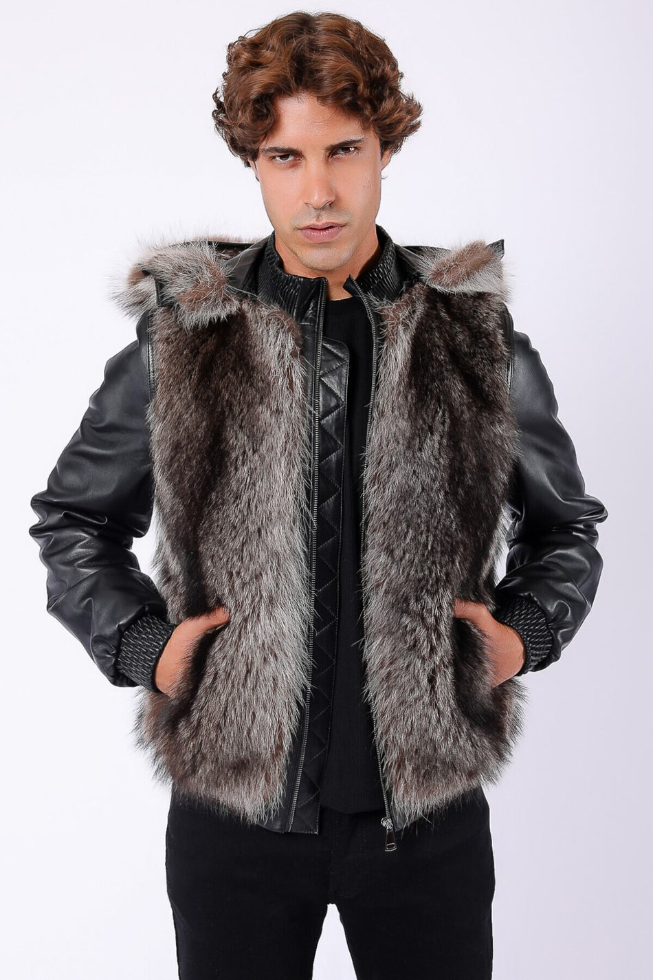 Abrigo de cuero negro genuino con ribete de piel natural Leather Club