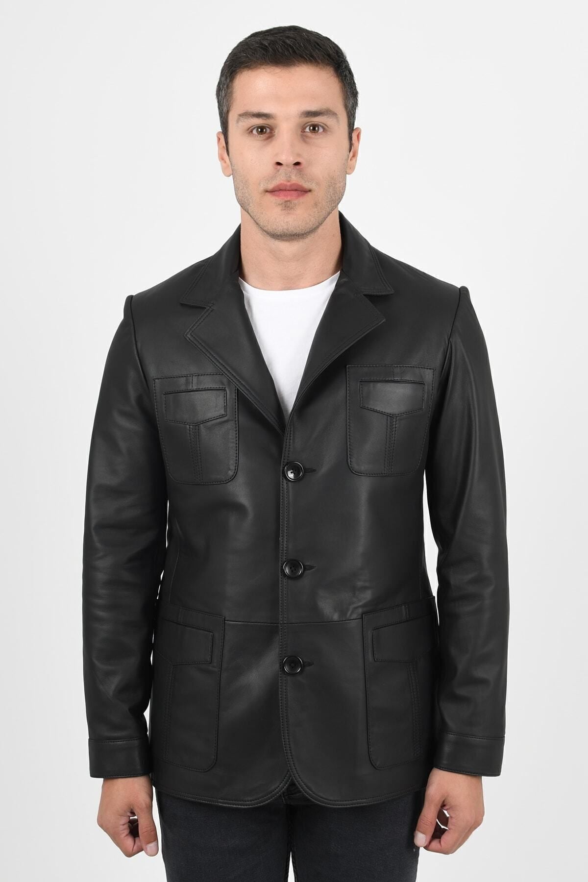 ALIN Martell Men's Genuine Leather Blazer Leather Jacket Black - MALLTURK