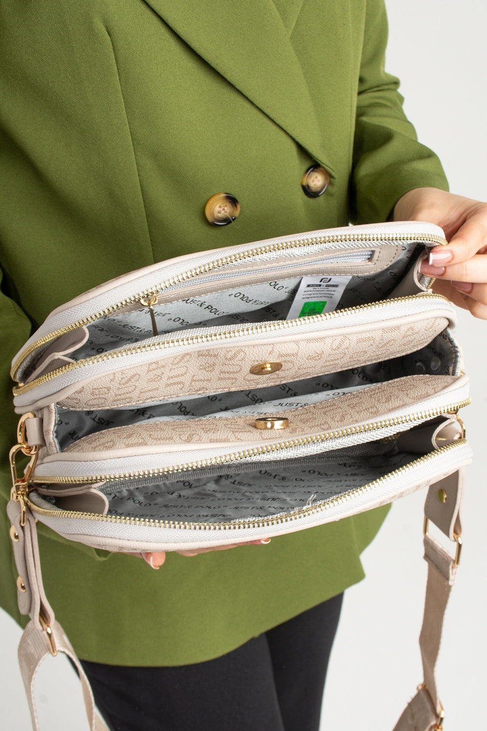 Just Polo Original Women's New Season 5-Compartment Luxury Soft Leather Adjustable Crossbody Shoulder Bag Stone
