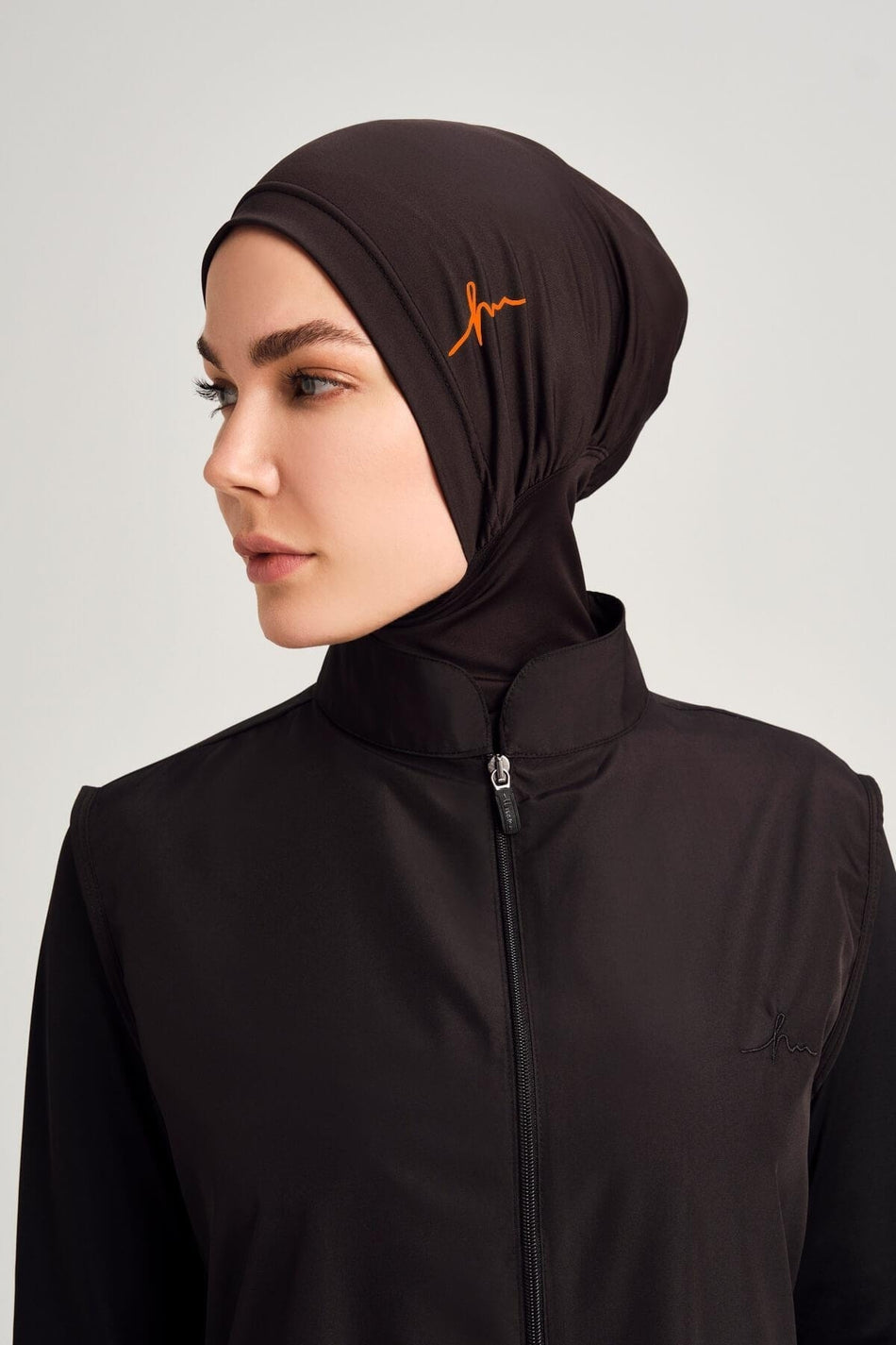 Black Hijab Swimsuit with Orange Logo Detail