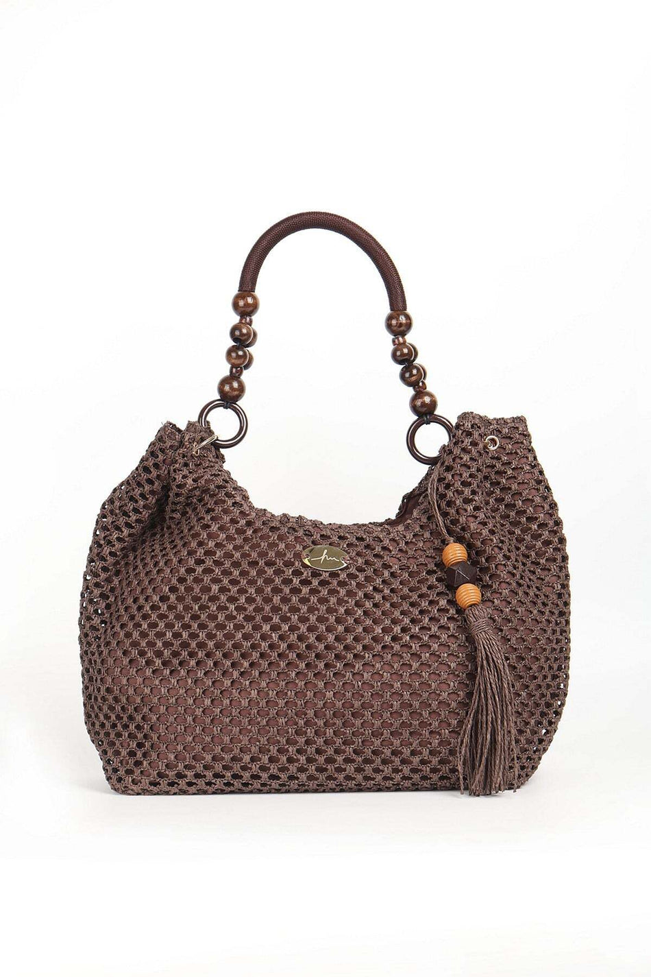 Hasema Wooden Bead Detail Dark Brown Woven Straw Beach Bag 1120 - MALLTURK