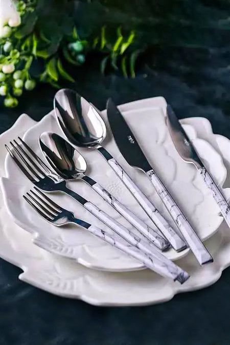 Nehir flore parlak beyaz mermer 36 Piece Fork Knife Spoon Set - MALLTURK