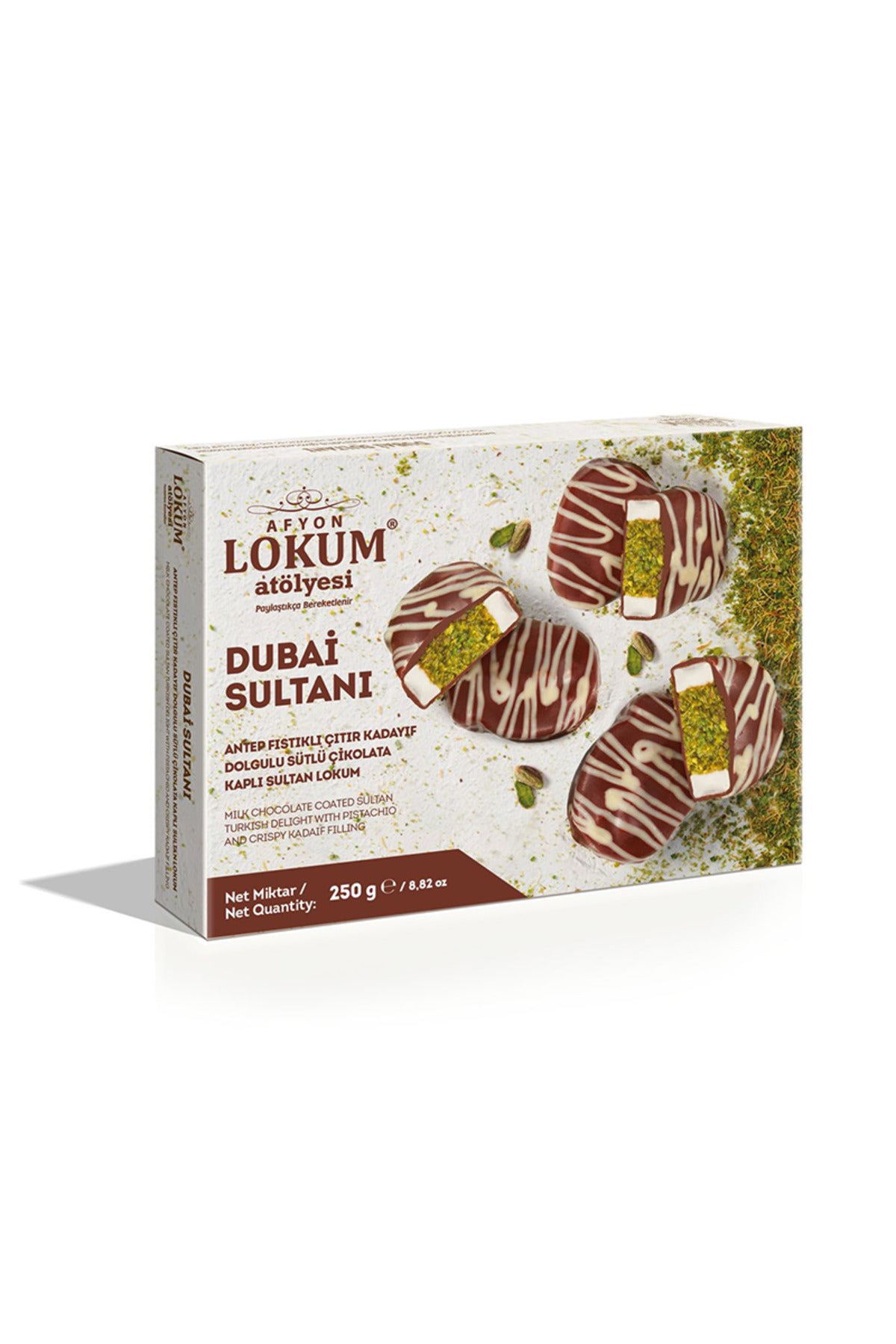Lokum Atolyesi 250 g dubai sultani Pistachio citir kadayif Filled Milk Chocolate Coated Sultan Style Turkish Delight - MALLTURK