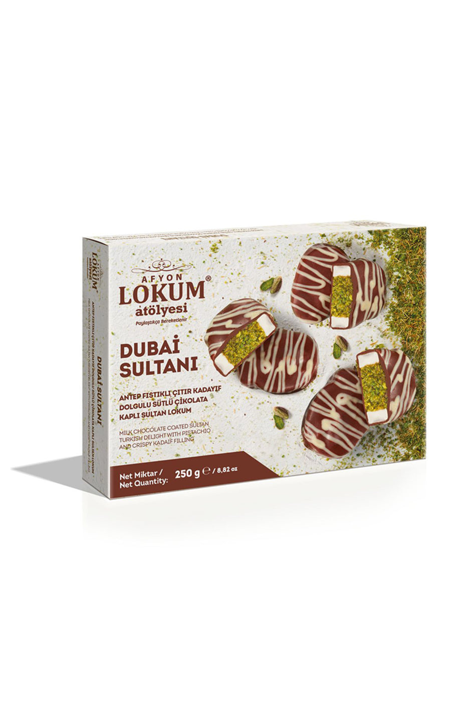 Lokum Atolyesi 250 g dubai sultani Pistachio citir kadayif Filled Milk Chocolate Coated Sultan Style Turkish Delight - MALLTURK