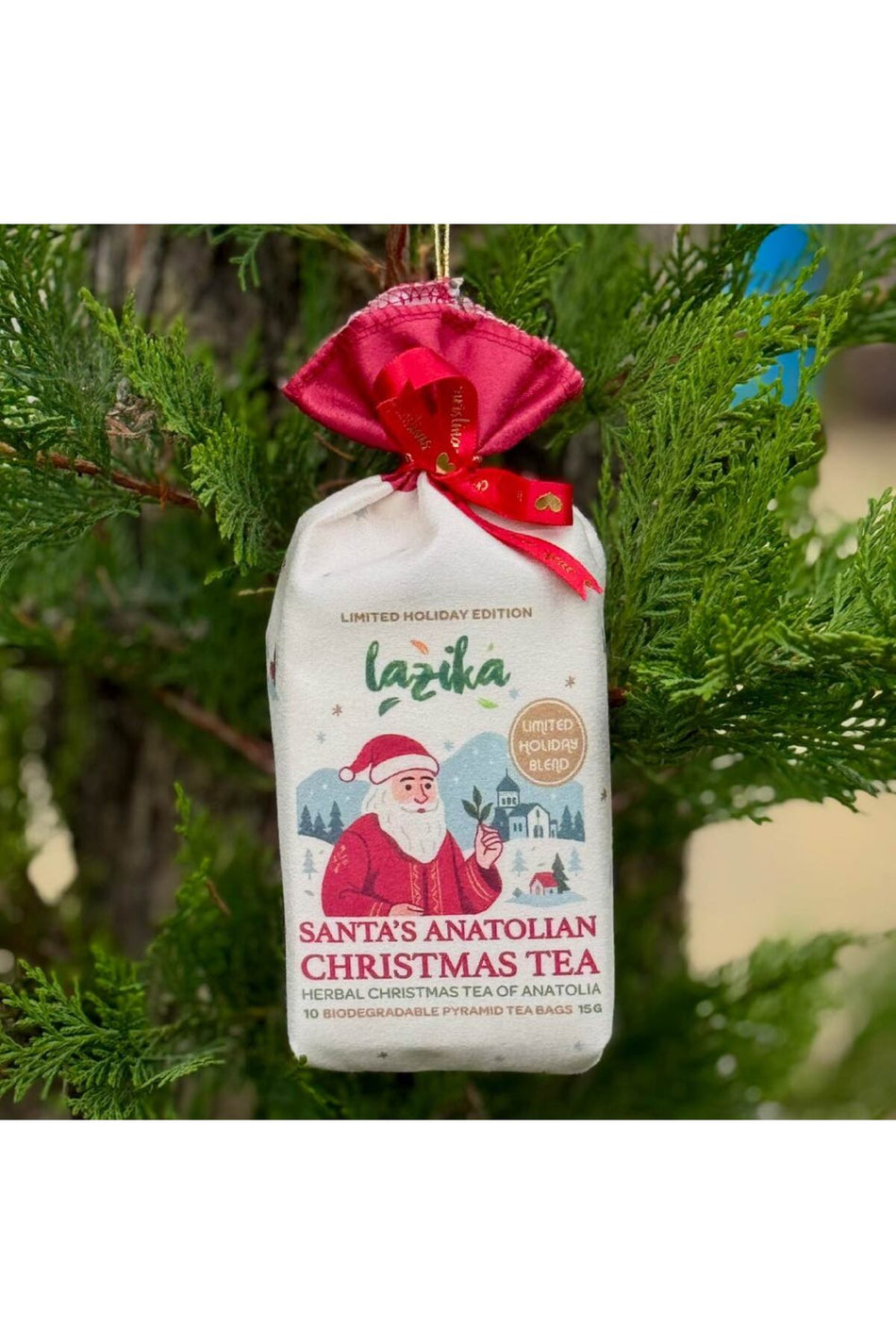 Анатолийский новогодний чай LAZIKA — 10 пакетиков из PLA, гибискус, зелёный чай, корица, горные цветы, мята, мелисса, лимонная цедра, кардамон