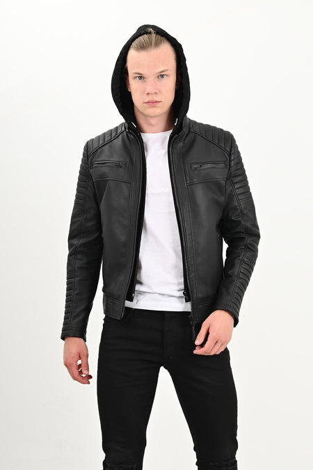 ALIN Sherwood Men's Genuine Leather Detachable Hood Leather Jacket Black - MALLTURK