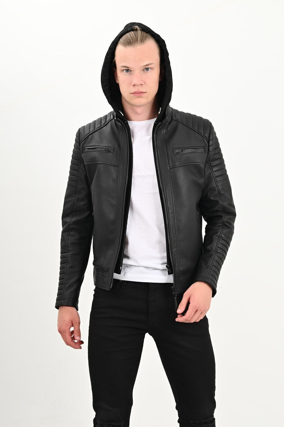 ALIN Sherwood Men's Genuine Leather Detachable Hood Leather Jacket Black