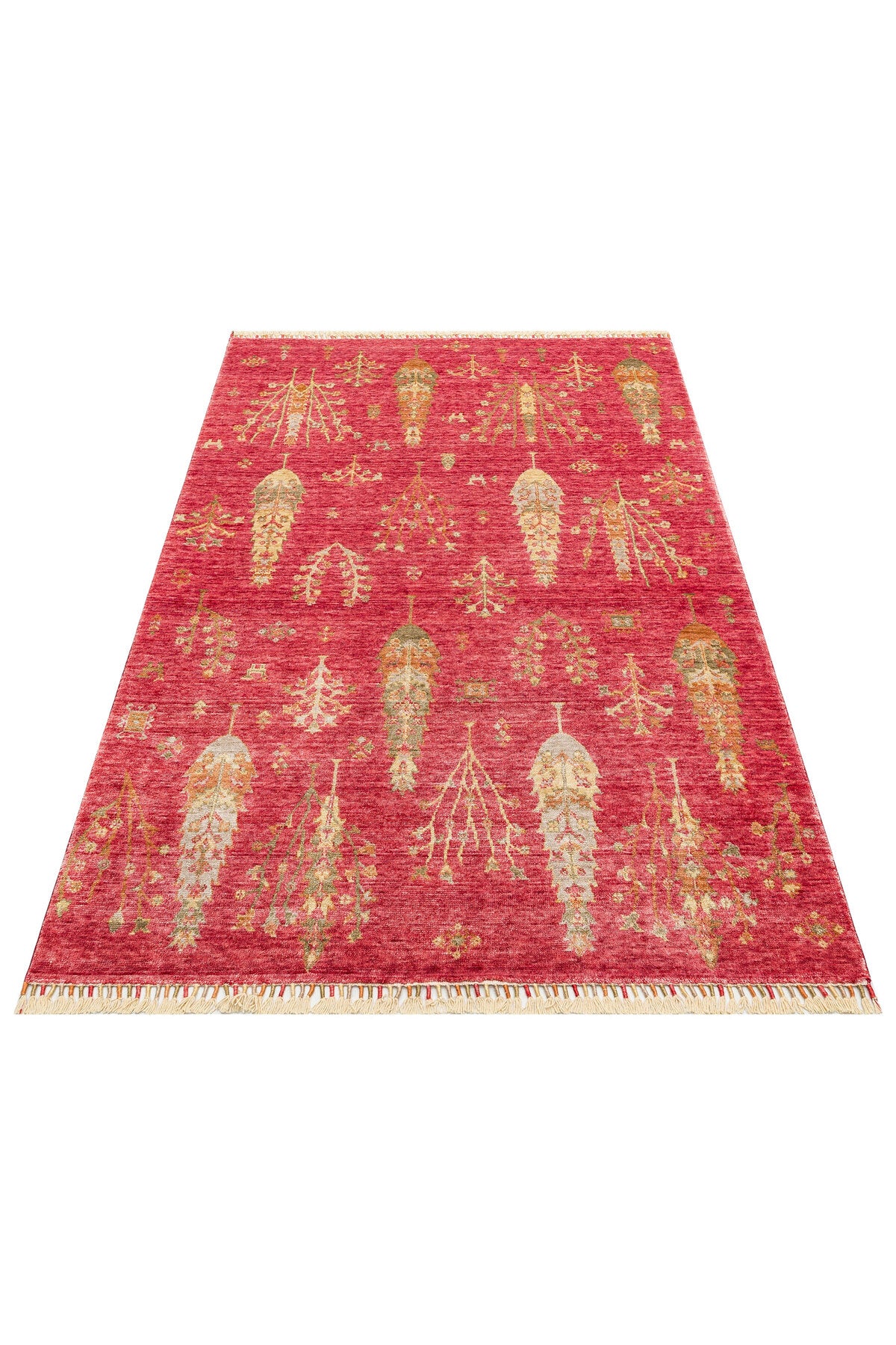 Vog Hali Efsun Handmade Tree of Life Pattern Red Lyocell Special Loom Usak Design Fringed Living Room Carpet - MALLTURK