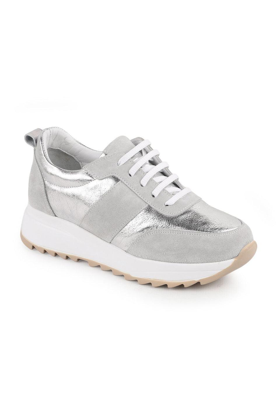 L086.925 BA Silberne Damen-Sneaker aus Veloursleder mit Glitzer, Metallic-Details und dicker EVA-Sohle