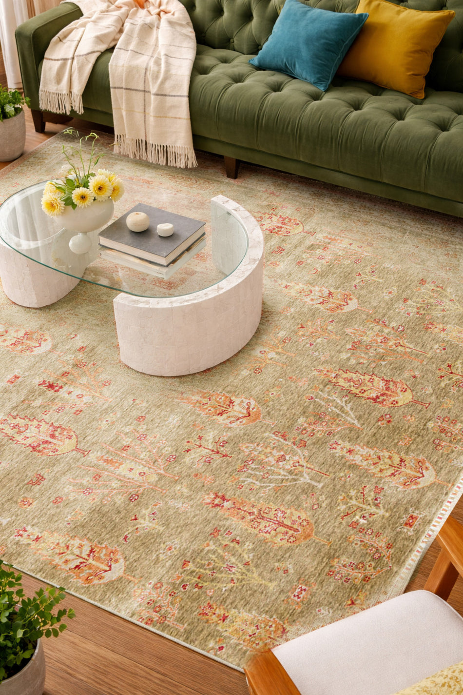Vog Hali Efsun Handmade Tree of Life Pattern Light Green Lyocell Special Loom Usak Design Fringed Living Room Carpet - MALLTURK