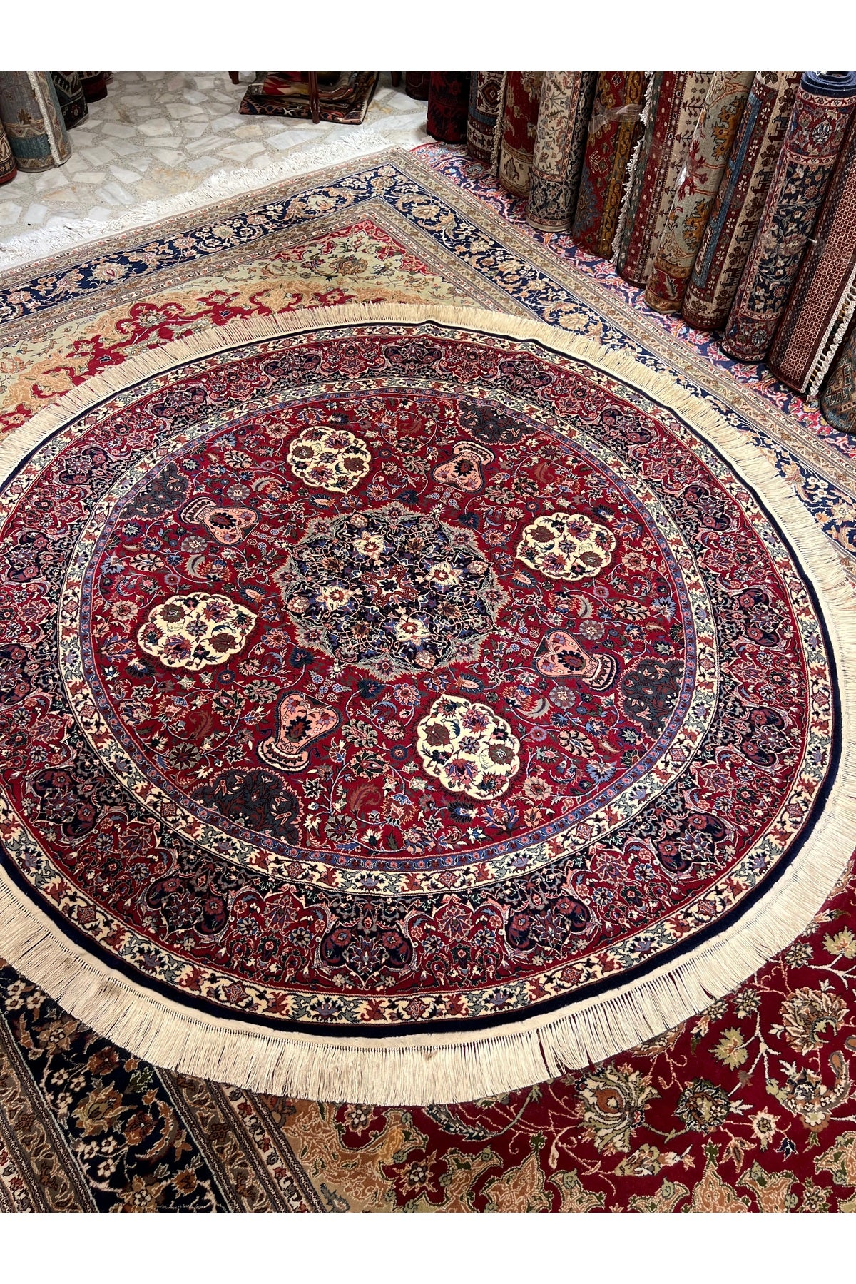 RD RAMAZAN DAG Hand Rug Art Hand-Woven Iranian Isfahan Yuvarlak Rug Wool Blend Size 215x215 - MALLTURK