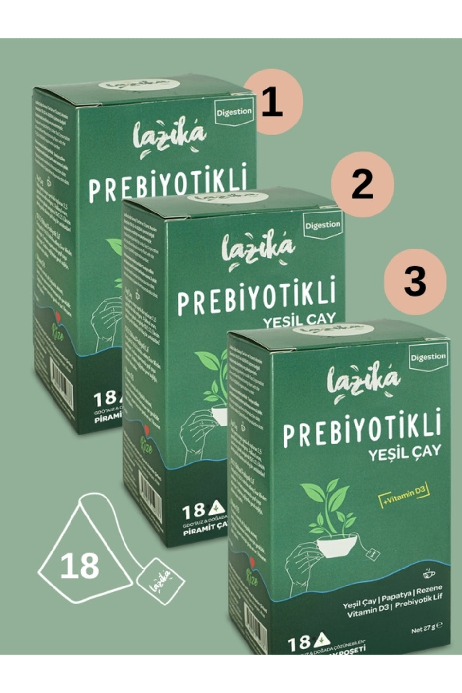 LAZIKA (набор из 3 предметов) Выгодный набор пребиотического зелёного чая — (3 × 18 биоразлагаемых пирамидальных чайных пакетиков (3 × 27 г))