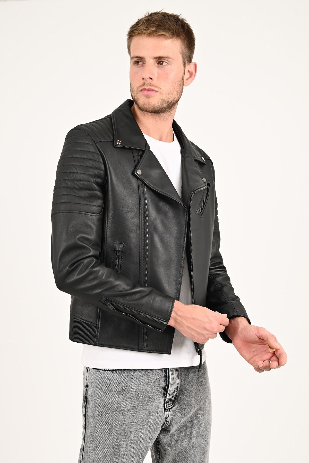 ALIN Echo Men's Genuine Leather Biker Leather Jacket Black - MALLTURK