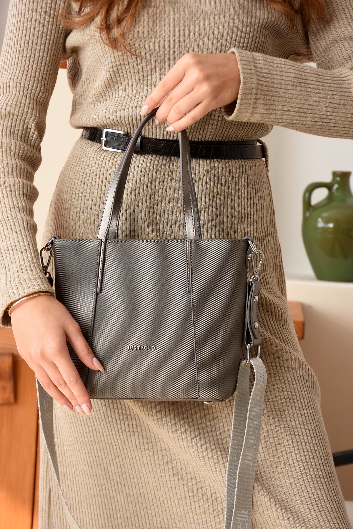 Just Polo Women's Hand and Shoulder Bag, New Season, SIZE: Height 20 cm, Width 24 cm Gray - MALLTURK