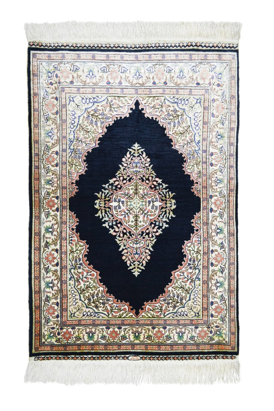 Handmade Pure Silk Hand-Woven Black Color Medallion Design Kayseri Rug 76x111 cm (0.84 m2)