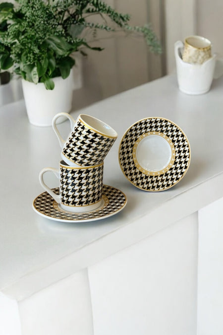 Eporselen Houndstooth Pattern 4-Piece Porcelain Coffee Cup Set for 2 People - MALLTURK