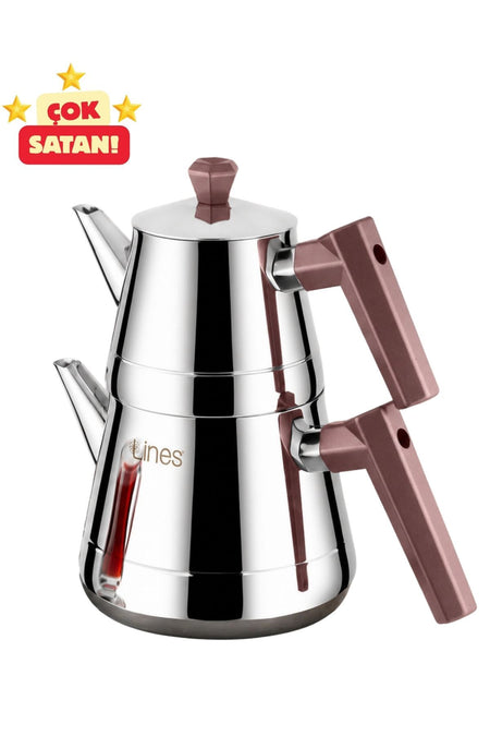 Lines Pyramid Medium Size Stainless Steel Teapot | Soft Handle, Heat Resistant, Long-lasting, Polished Steel Body - MALLTURK