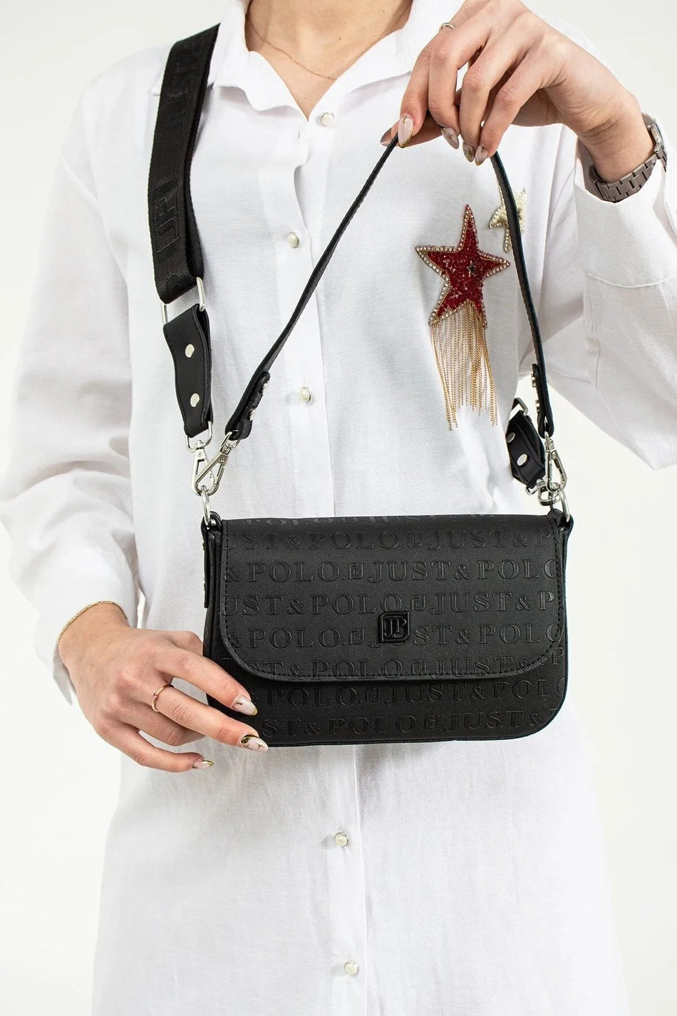 Just Polo Black Women's Shoulder Bag with Thick Straps - MALLTURK